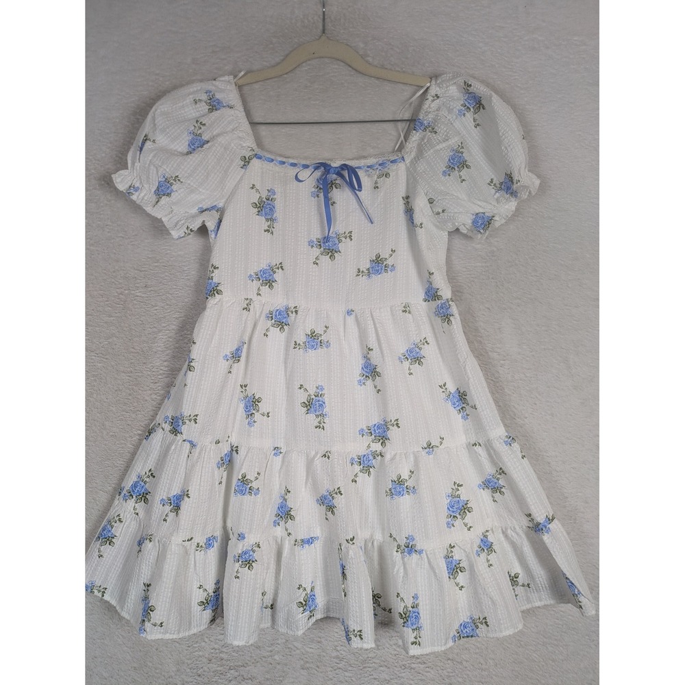 Jon + Kelly Dress Girl's 14 White Blue Floral Puff Sleeve Tiered